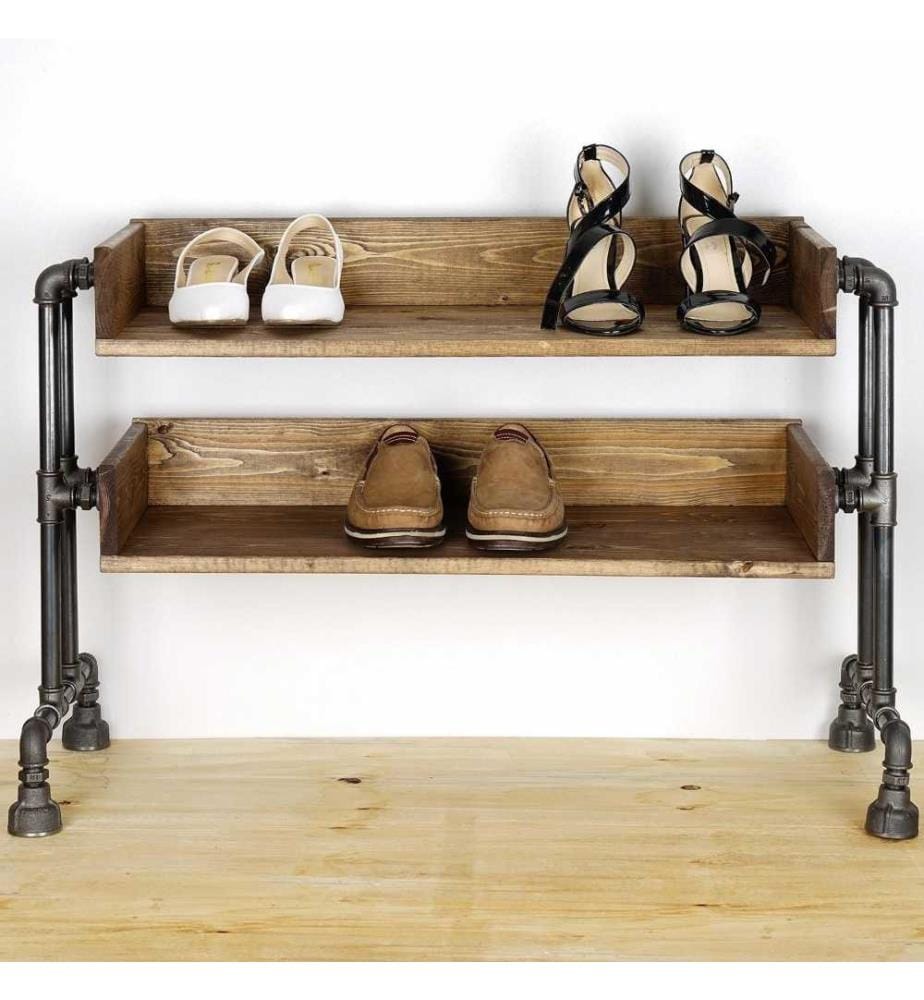 Schuhschrank mit Rohrrahmen, Schwarz, Nussbaum, Fichtenholz, Metallfüsse