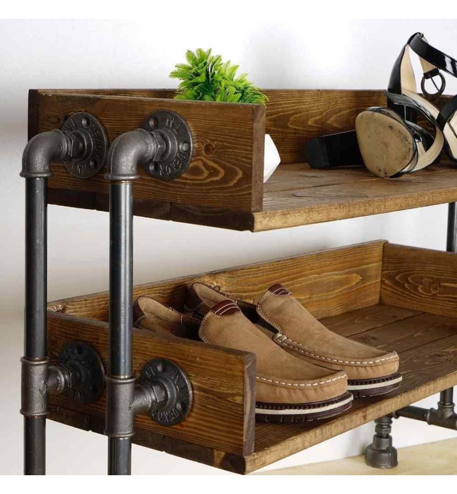 Schuhschrank mit Rohrrahmen, Schwarz, Nussbaum, Fichtenholz, Metallfüsse