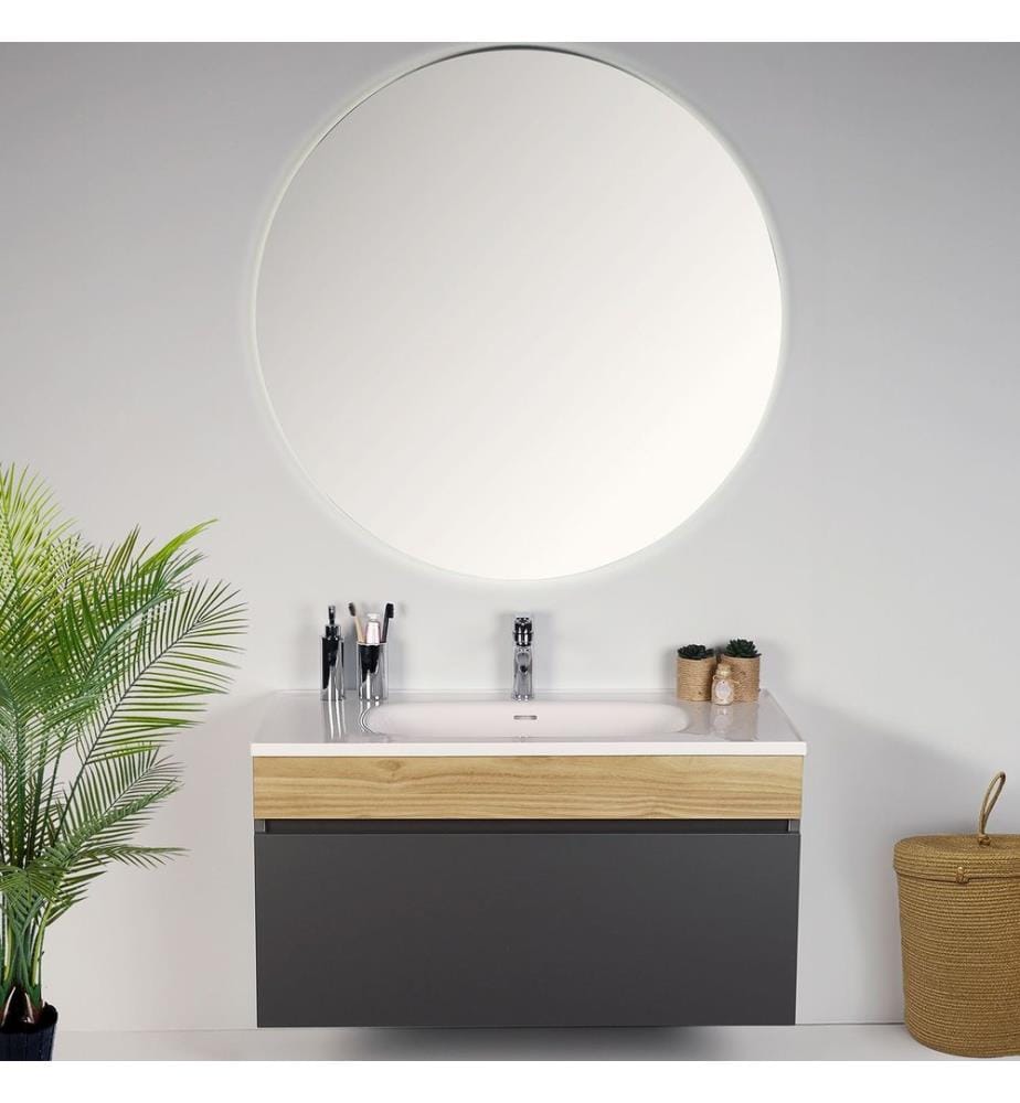 Ensemble meuble de salle de bain avec lavabo et miroir 2 pièces couleur fumée panneau de particules 100 % mélaminé