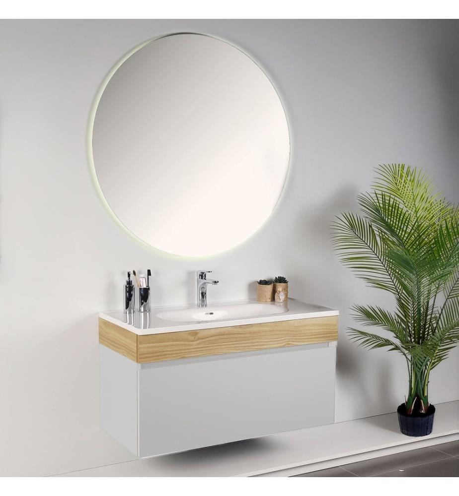 Ensemble meuble de salle de bain avec lavabo et miroir 2 pièces blanc panneau de particules 100 % recouvert de mélamine