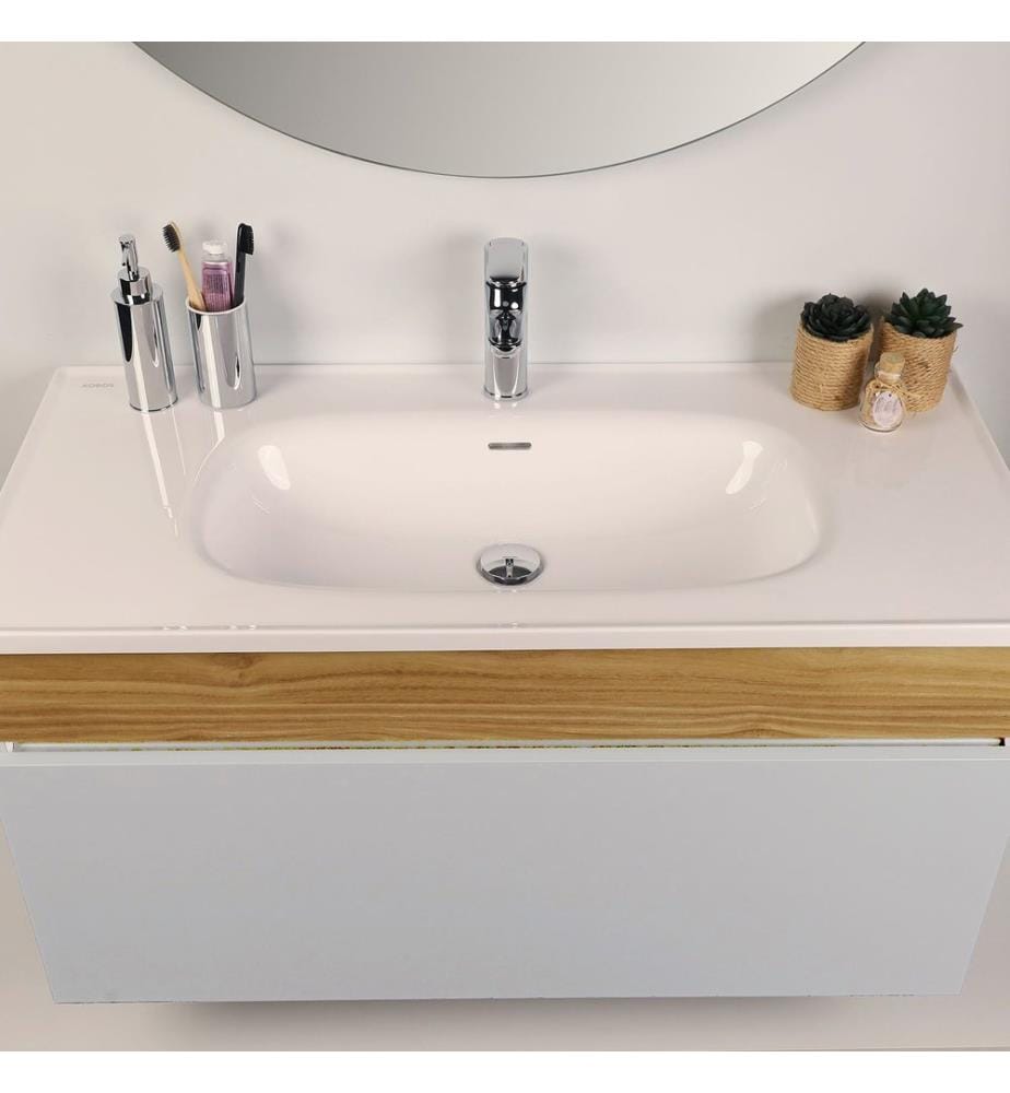Ensemble meuble de salle de bain avec lavabo et miroir 2 pièces blanc panneau de particules 100 % recouvert de mélamine