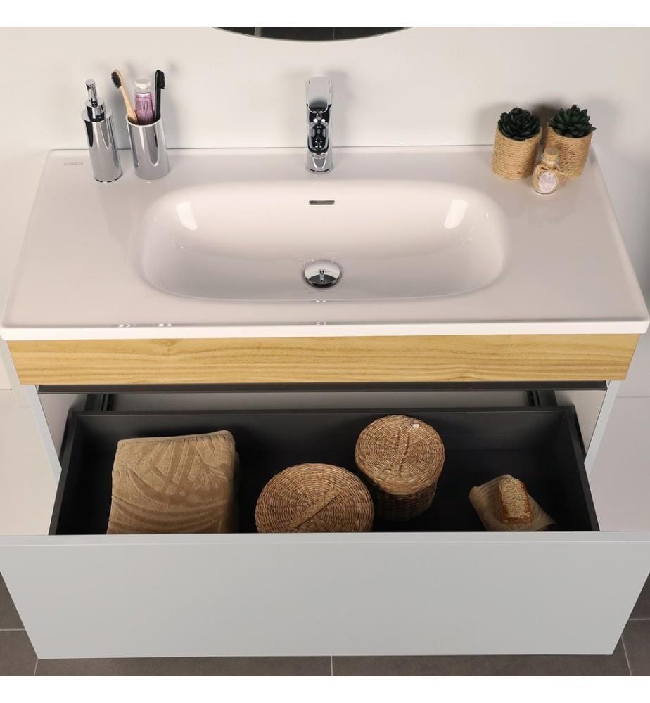 Ensemble meuble de salle de bain avec lavabo et miroir 2 pièces blanc panneau de particules 100 % recouvert de mélamine