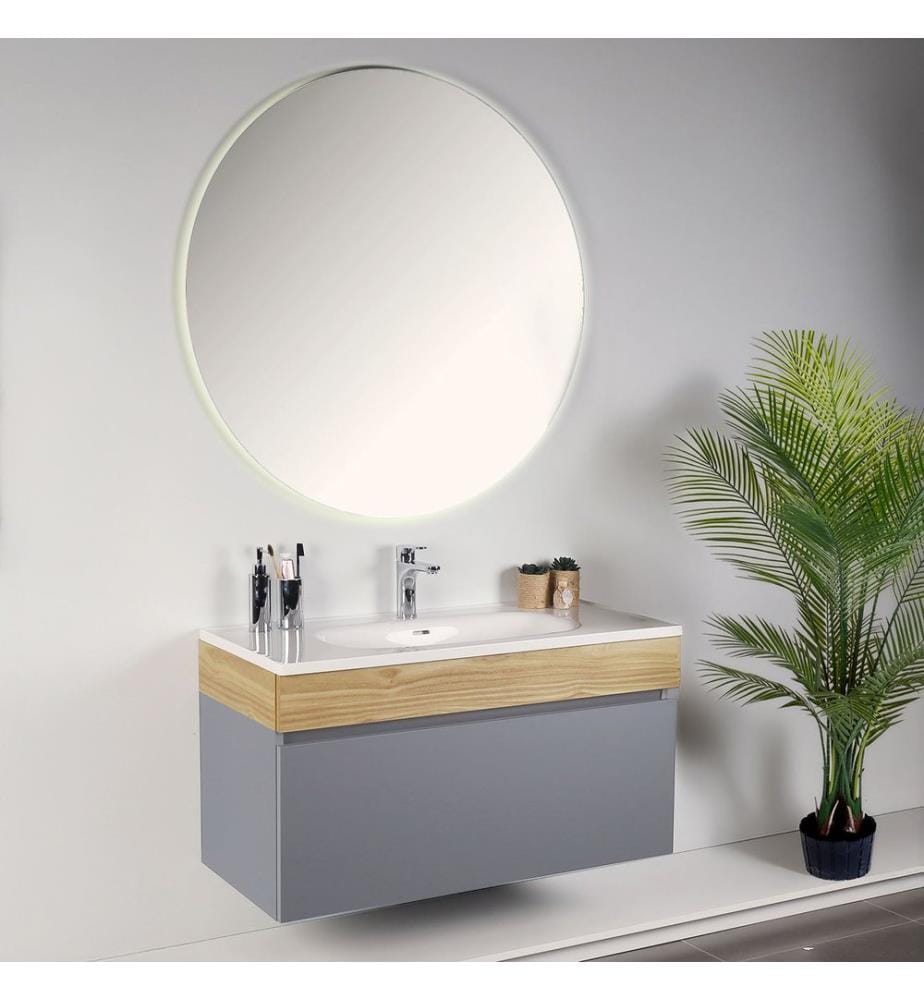 Ensemble meuble de salle de bain avec lavabo et miroir 2 pièces gris clair panneau de particules 100 % mélaminé