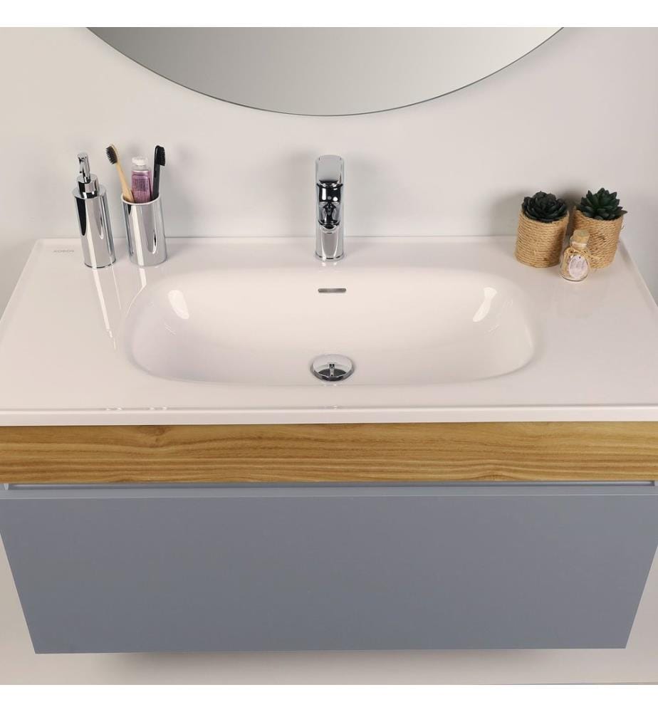 Ensemble meuble de salle de bain avec lavabo et miroir 2 pièces gris clair panneau de particules 100 % mélaminé