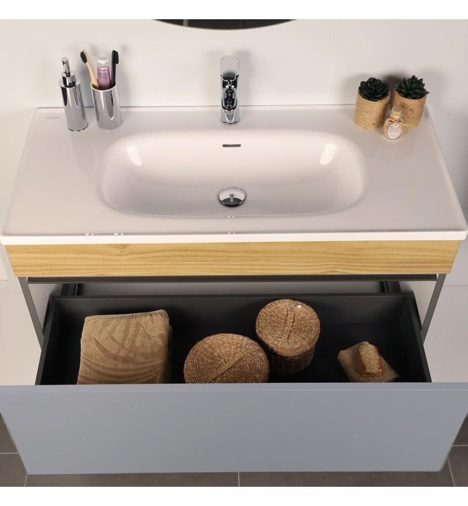 Ensemble meuble de salle de bain avec lavabo et miroir 2 pièces gris clair panneau de particules 100 % mélaminé