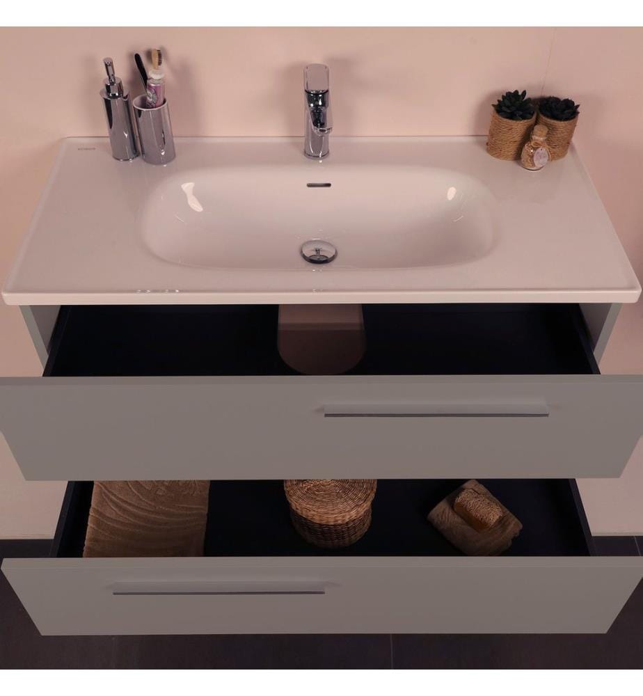 Ensemble meuble de salle de bain avec lavabo et miroir 2 pièces gris 100 % panneaux de particules recouverts de mélamine