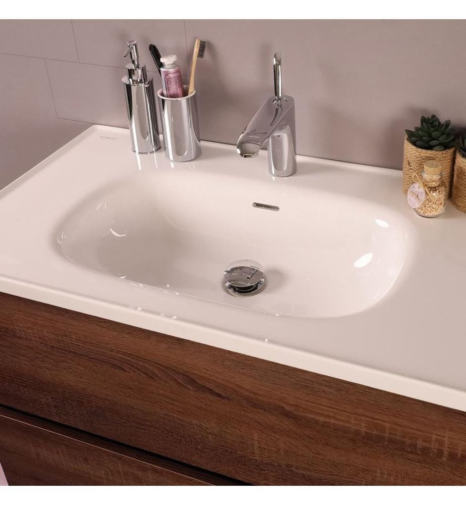Ensemble meuble de salle de bain avec lavabo et miroir 2 pièces chêne blanc 100 % panneaux de particules recouverts de mélamine