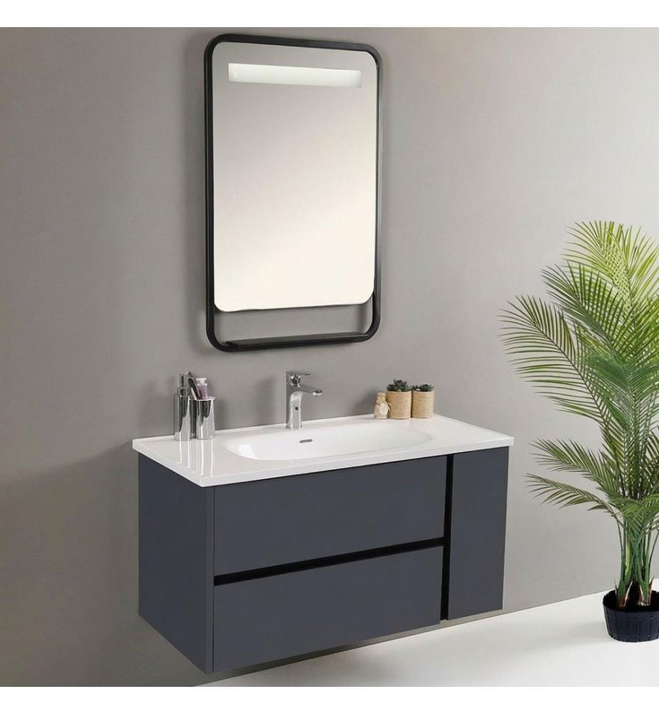 Ensemble meuble de salle de bain avec lavabo et miroir 2 pièces couleur fumée 100 % MDF doux au toucher