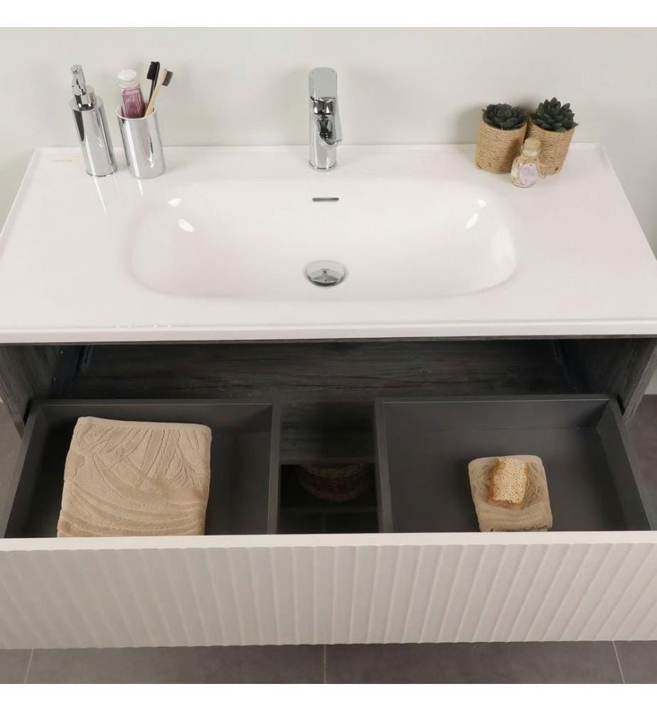 Ensemble meuble de salle de bain avec lavabo et miroir 2 pièces chêne gris panneaux de particules 100 % mélaminés