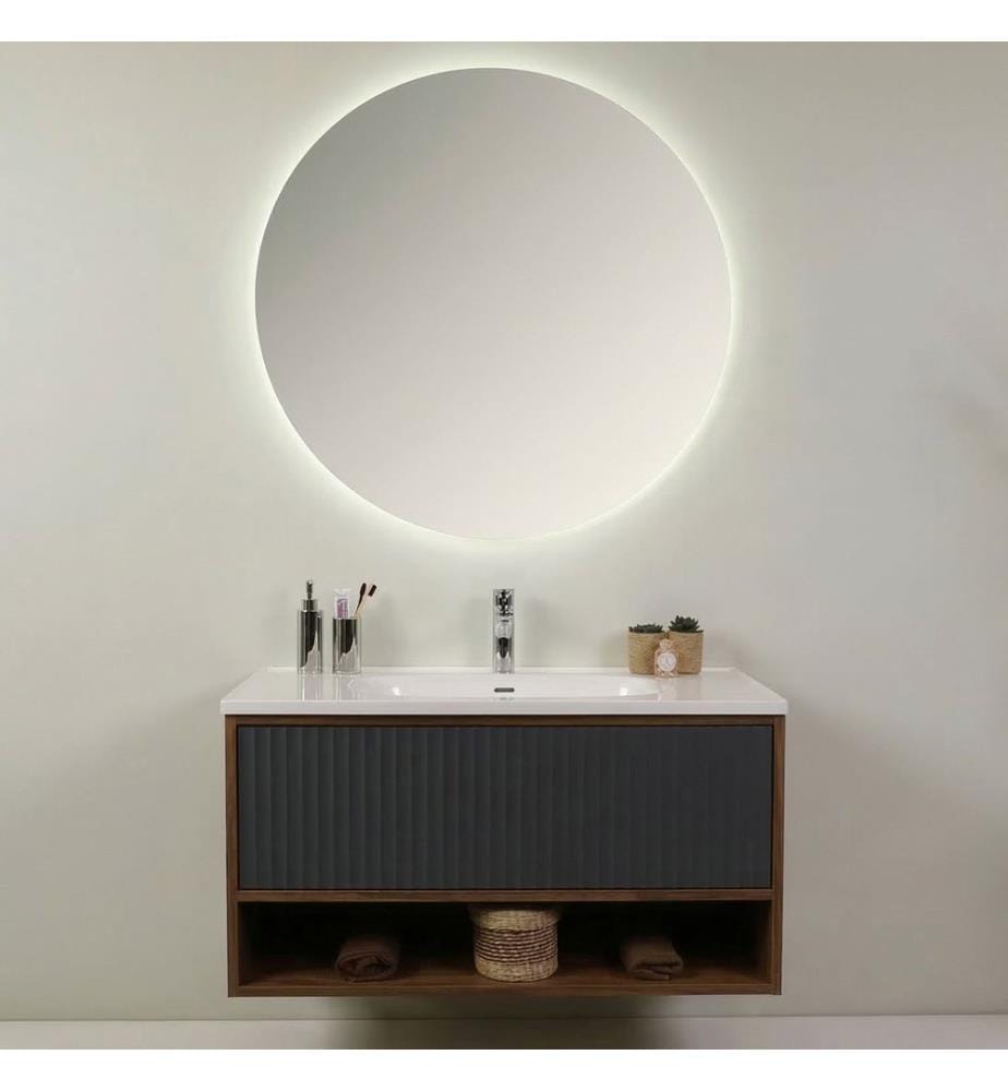Ensemble meuble de salle de bain avec lavabo et miroir 2 pièces chêne Milling panneau de particules 100 % recouvert de mélamine