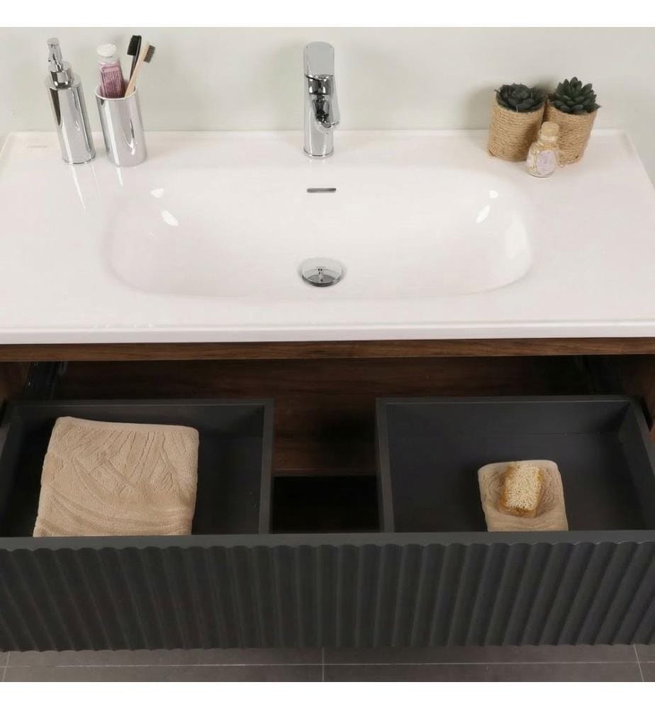 Ensemble meuble de salle de bain avec lavabo et miroir 2 pièces chêne Milling panneau de particules 100 % recouvert de mélamine