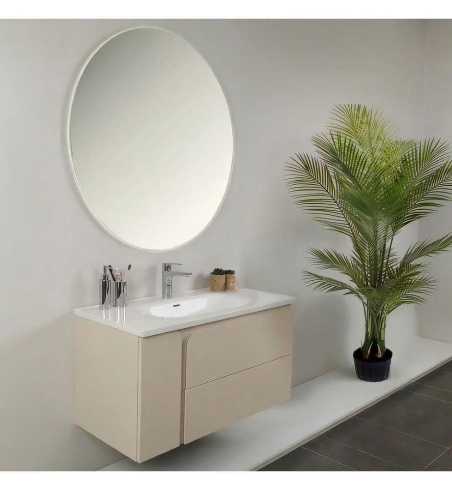 Ensemble meuble de salle de bain avec lavabo et miroir 2 pièces couleur crème finition laquée 100 % MDF