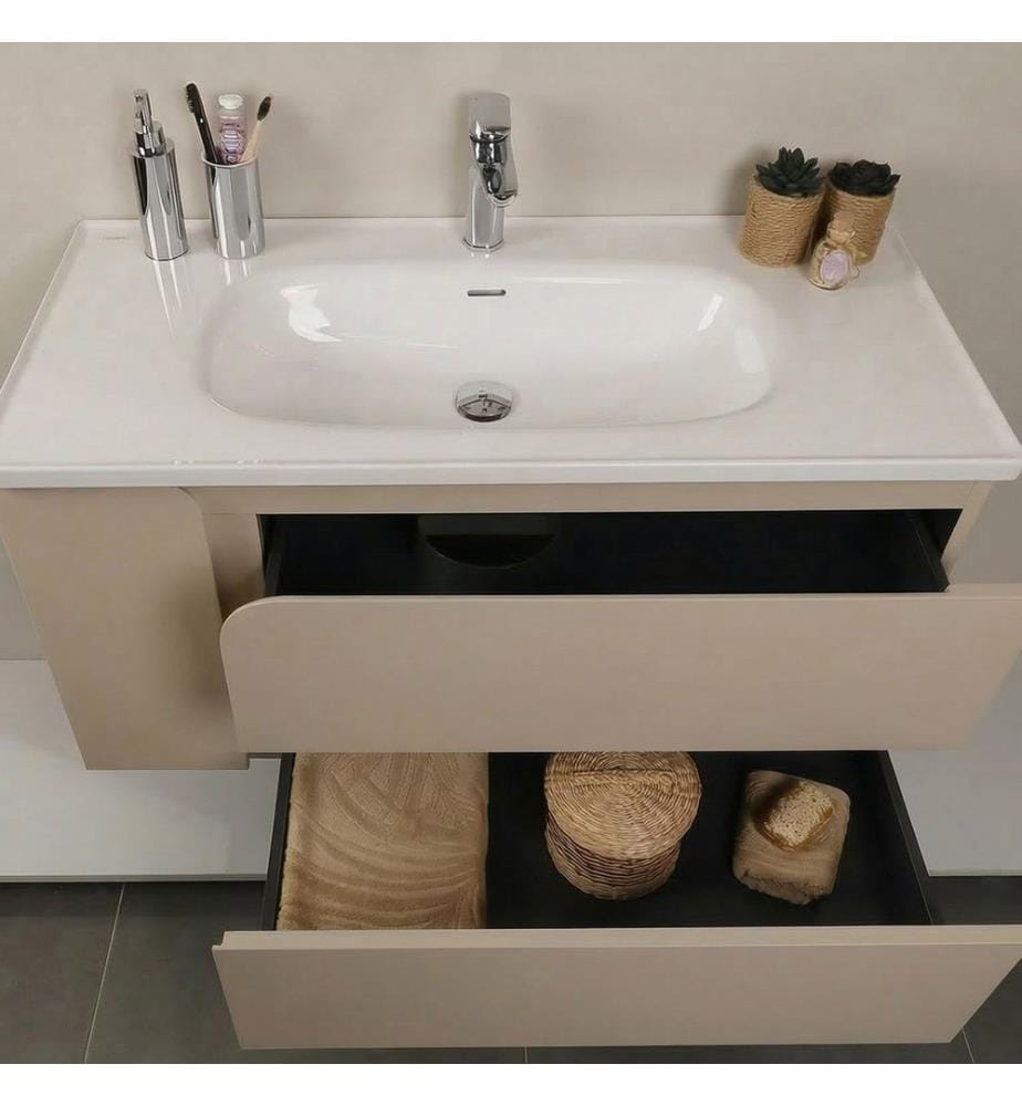 Ensemble meuble de salle de bain avec lavabo et miroir 2 pièces couleur crème finition laquée 100 % MDF