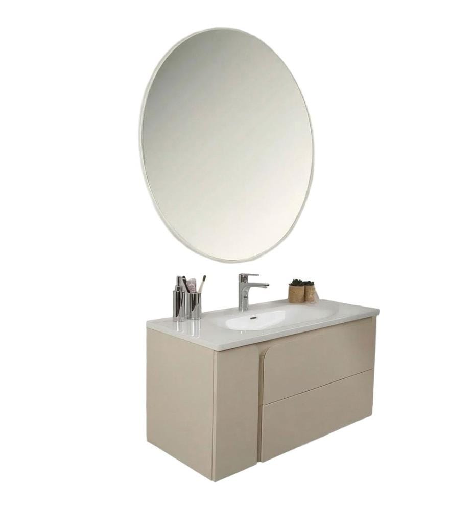 Ensemble meuble de salle de bain avec lavabo et miroir 2 pièces couleur crème finition laquée 100 % MDF