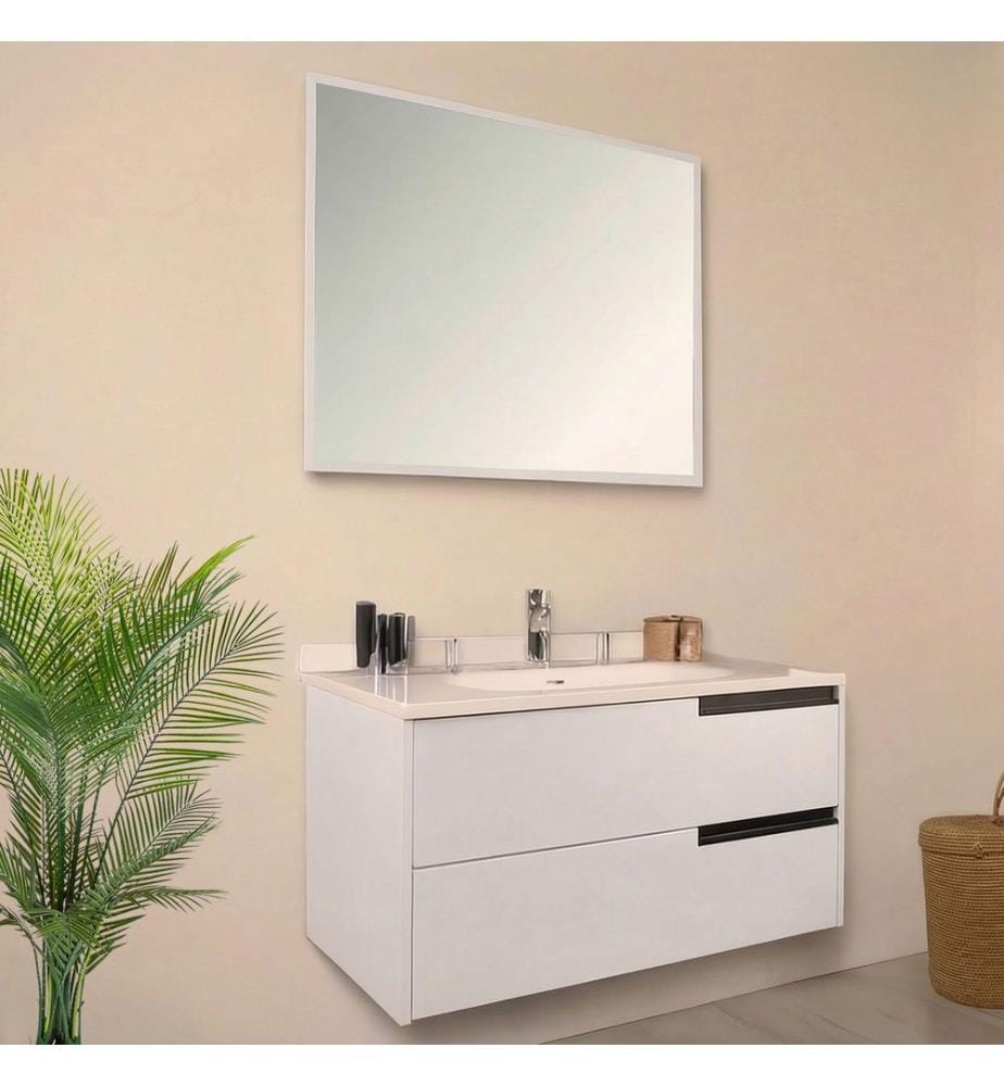 Ensemble meuble de salle de bain avec lavabo et miroir 2 pièces blanc et noir 100 % MDF finition laquée