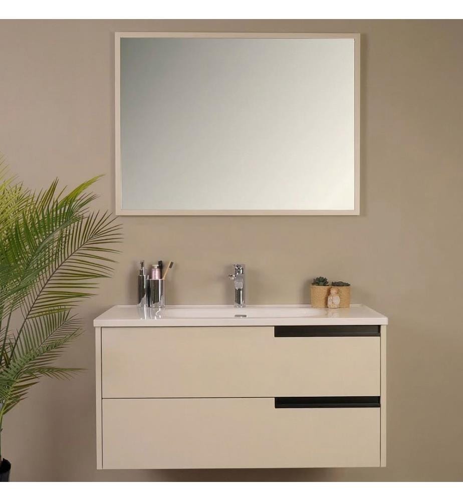 Ensemble meuble de salle de bain avec lavabo et miroir 2 pièces couleur crème finition laquée 100 % MDF