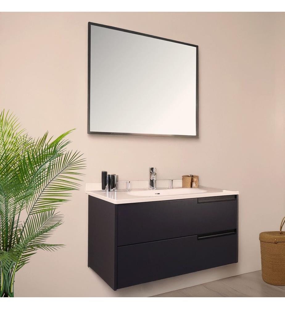 Badezimmerschrank mit Waschbecken und Spiegel 2-teilig Schwarz 100 % MDF lackiert