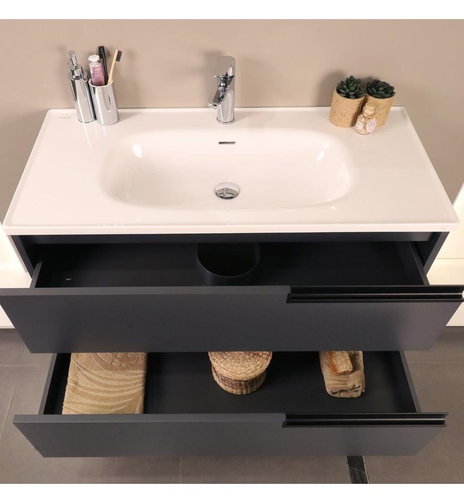 Badezimmerschrank mit Waschbecken und Spiegel 2-teilig Schwarz 100 % MDF lackiert