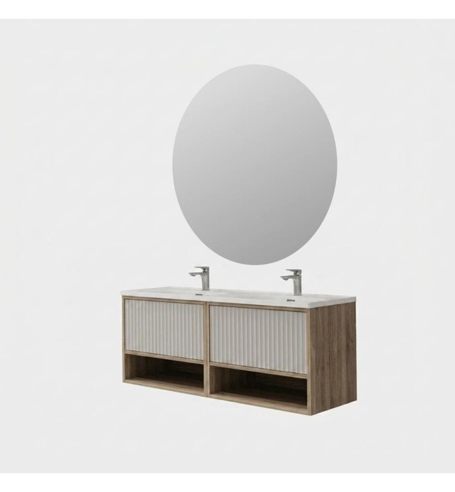 Badezimmerschrank mit Waschbecken und Spiegel 2-teilig Hellwalnuss Luna Korpus aus 100 % melaminbeschichteter Spanplatte