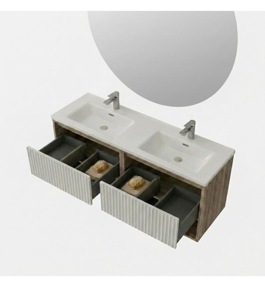 Badezimmerschrank mit Waschbecken und Spiegel 2-teilig Hellwalnuss Luna Korpus aus 100 % melaminbeschichteter Spanplatte