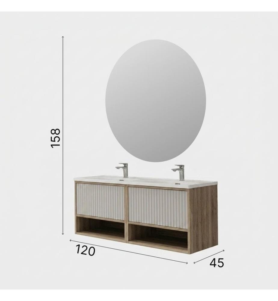Badezimmerschrank mit Waschbecken und Spiegel 2-teilig Hellwalnuss Luna Korpus aus 100 % melaminbeschichteter Spanplatte
