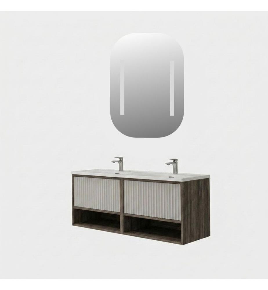 Badezimmerschrank mit Waschbecken und Spiegel 2-teilig Hellwalnuss Luna Korpus aus 100 % melaminbeschichteter Spanplatte