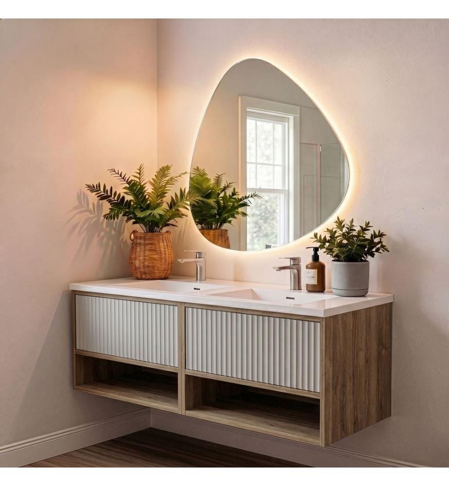 Ensemble meuble de salle de bain avec lavabo et miroir 2 pièces noyer clair Luna CARCASS 100% PANNEAU DE PARTICULES REVÊTU DE MÉLAME