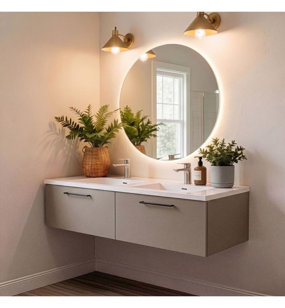 Ensemble meuble de salle de bain avec lavabo et miroir 2 pièces gris pierre 100 % panneaux de particules recouverts de mélamine