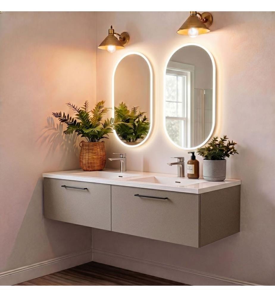 Ensemble meuble de salle de bain avec lavabo et miroir 2 pièces gris pierre 100 % MDF doux au toucher