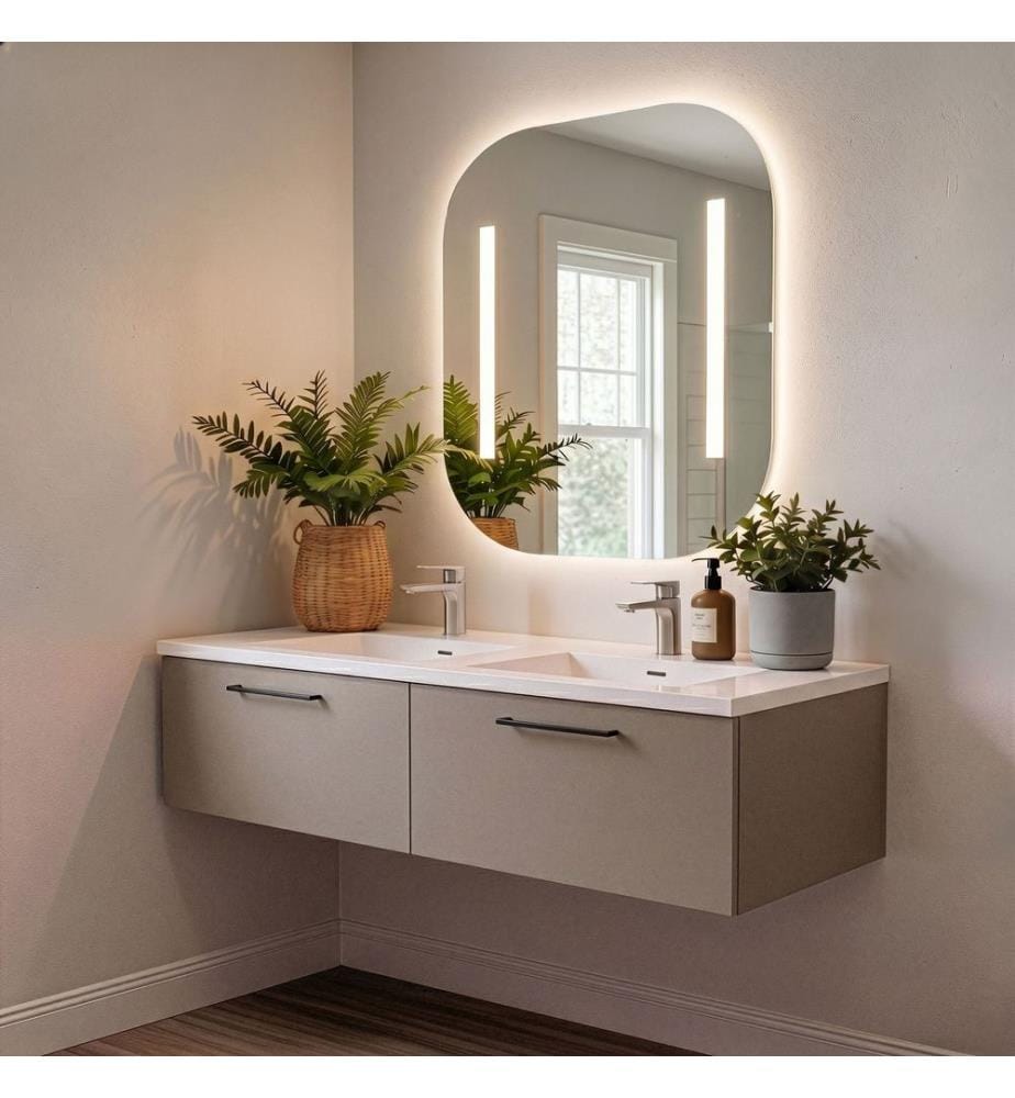 Ensemble meuble de salle de bain avec lavabo et miroir 2 pièces gris pierre 100 % panneaux de particules recouverts de mélamine