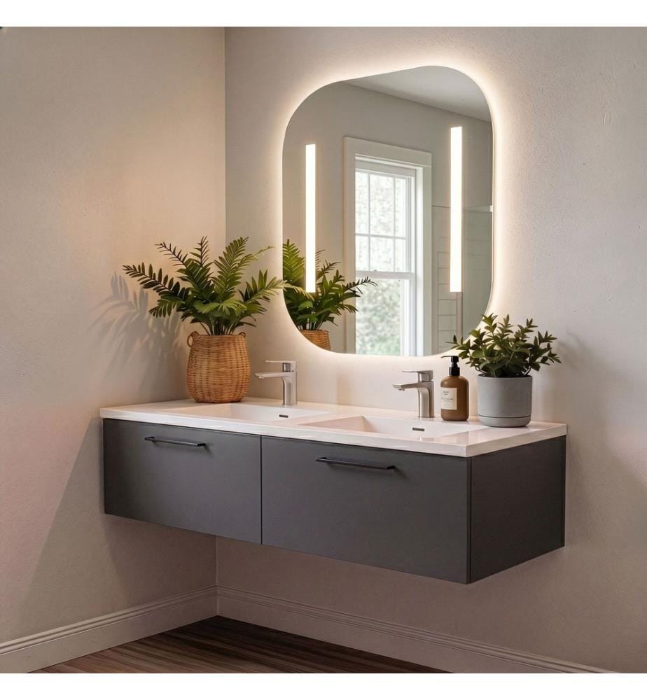 Ensemble meuble de salle de bain avec lavabo et miroir 2 pièces gris fumé panneau de particules 100 % recouvert de mélamine