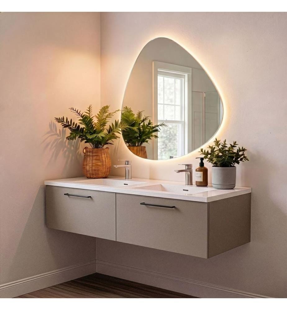 Ensemble meuble de salle de bain avec lavabo et miroir 2 pièces gris pierre 100 % panneaux de particules recouverts de mélamine