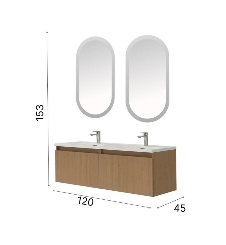 Badezimmerschrank mit Waschbecken und Spiegel 2-teilig helles Walnussholz 100 % melaminbeschichtete Spanplatte
