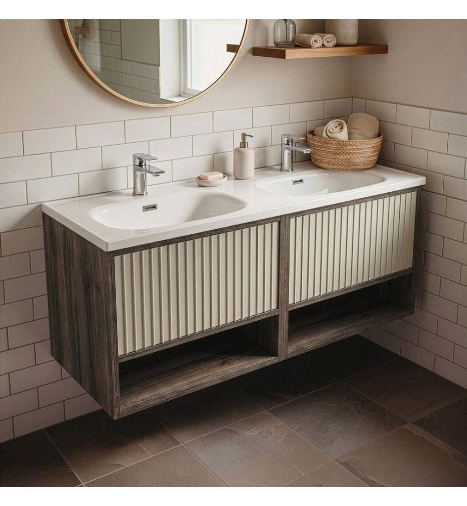 Meuble de salle de bain avec lavabo chêne gris vanille structure en panneaux de particules revêtus de mélamine à 100 %