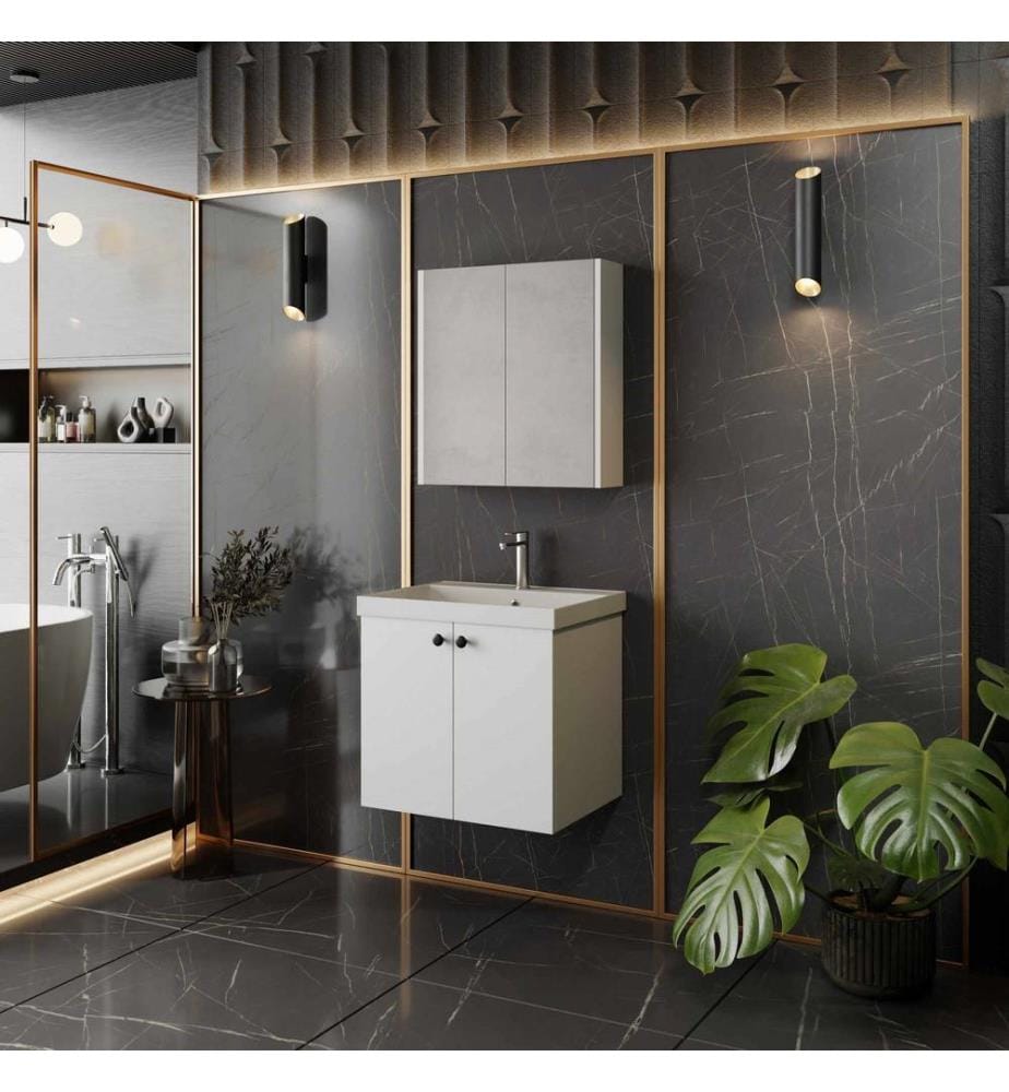 Badezimmerschrank mit Waschbecken und Spiegel 2-teilig weiss 100 % melaminbeschichtete Spanplatte