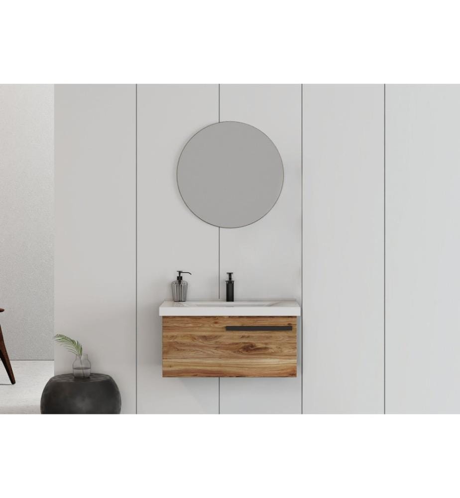 Badezimmerschrank mit Waschbecken und Spiegel 2-teilig Kiefernholz 100 % PVC-beschichtete Spanplatte
