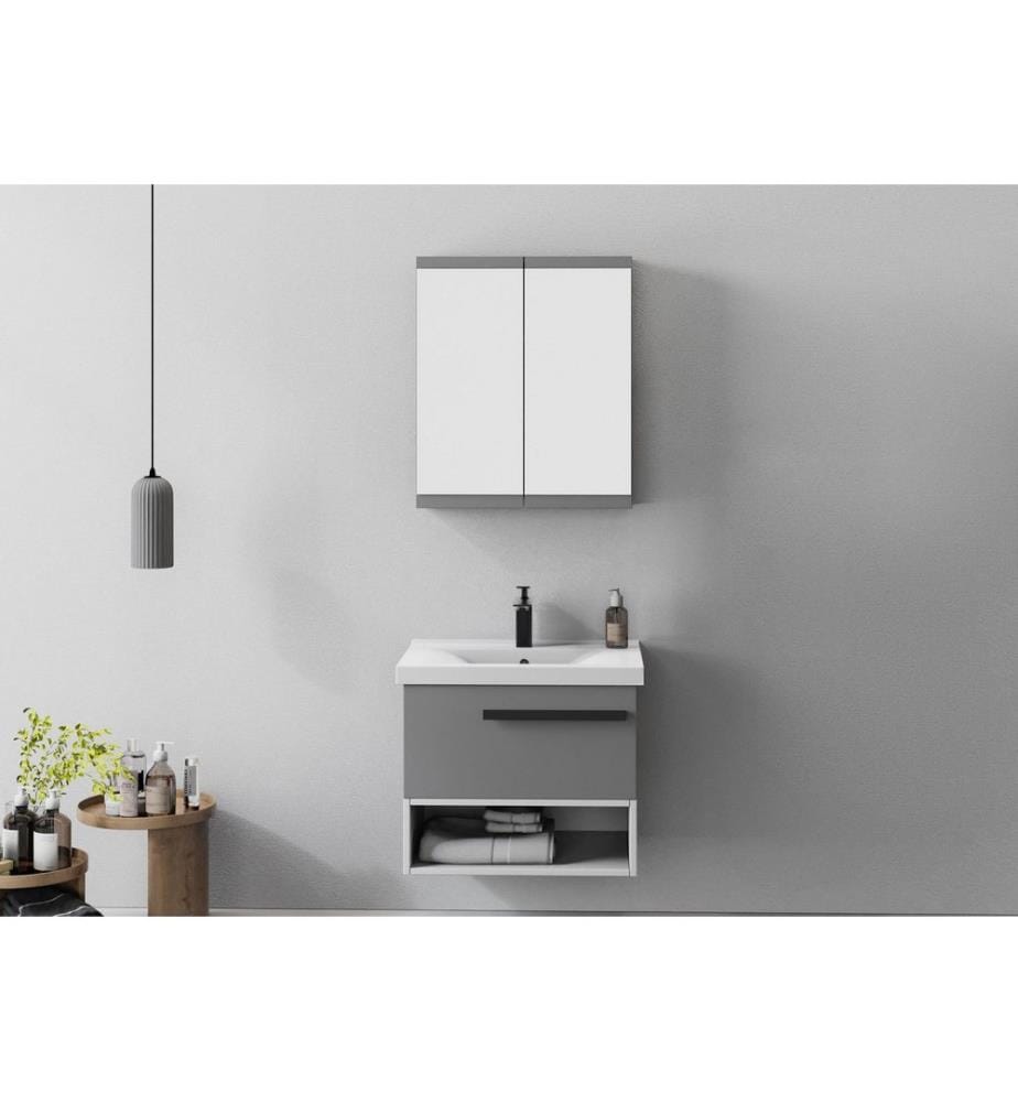 Ensemble meuble de salle de bain avec lavabo et miroir 2 pièces gris mat panneau de particules 100 % recouvert de PVC