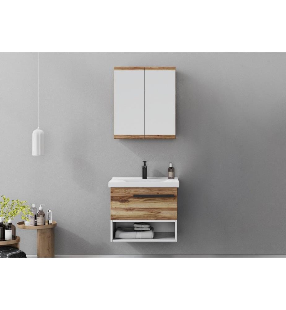 Ensemble meuble de salle de bain avec lavabo et miroir 2 pièces pin panneau de particules 100 % recouvert de PVC