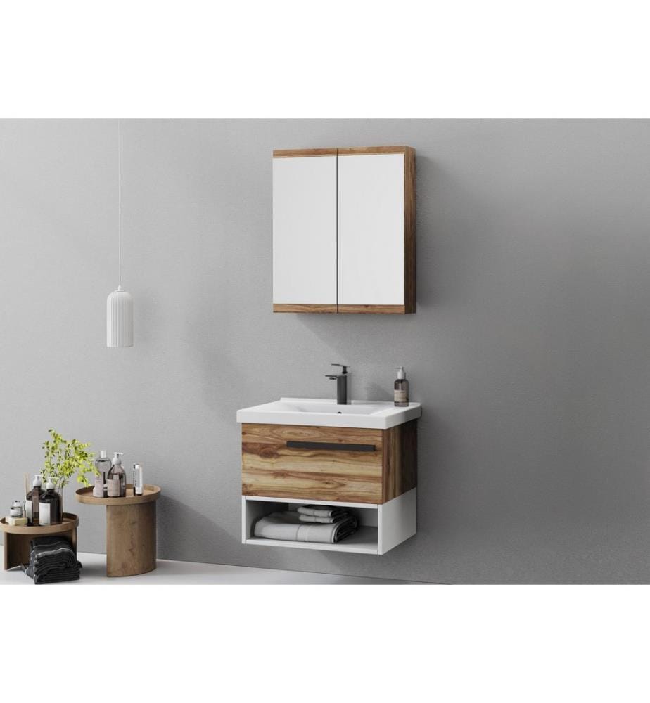 Ensemble meuble de salle de bain avec lavabo et miroir 2 pièces pin panneau de particules 100 % recouvert de PVC
