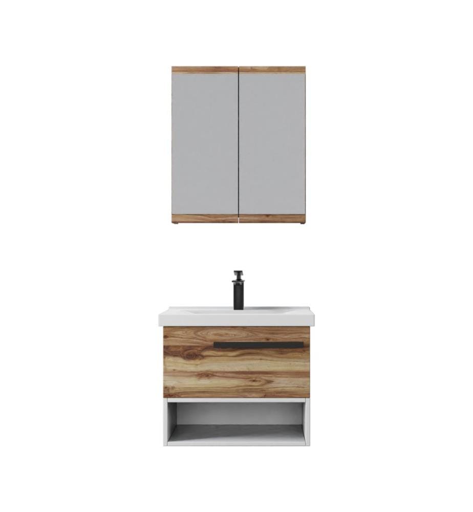 Ensemble meuble de salle de bain avec lavabo et miroir 2 pièces pin panneau de particules 100 % recouvert de PVC