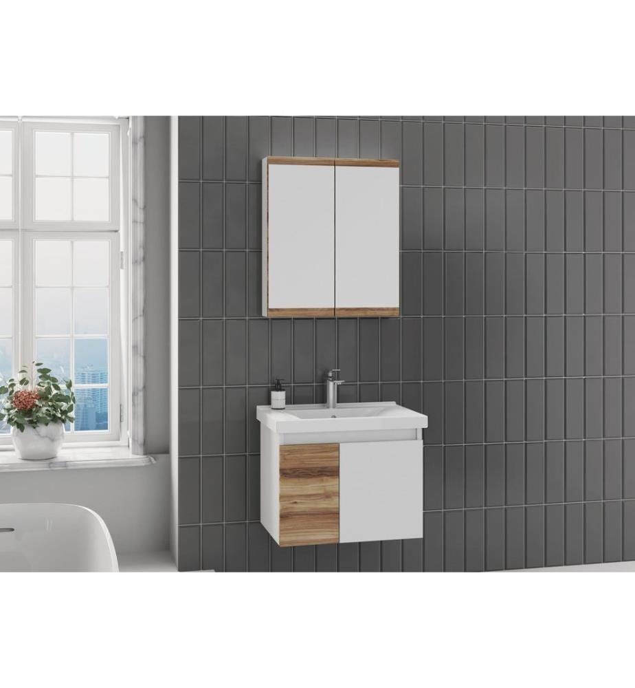 Ensemble meuble de salle de bain avec lavabo et miroir 2 pièces pin blanc panneau de particules 100 % recouvert de PVC