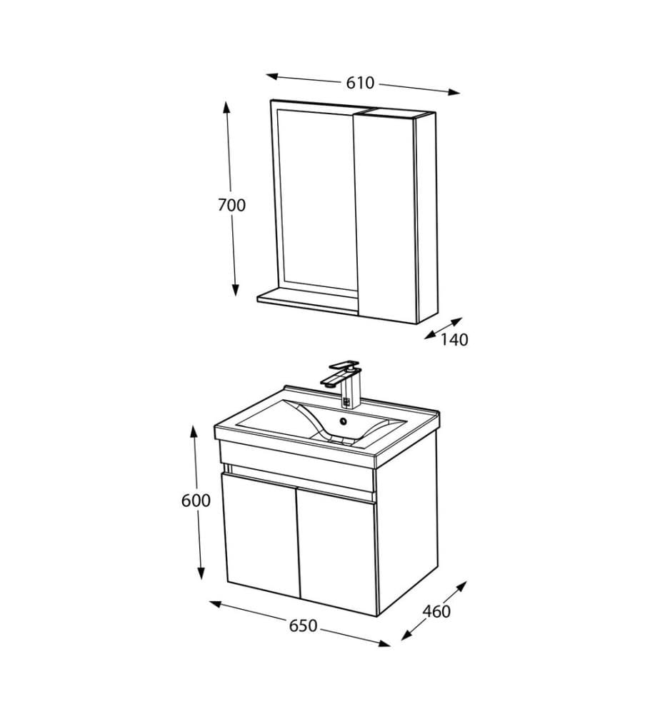 Ensemble meuble de salle de bain avec lavabo et miroir 2 pièces couleur latte panneau de particules 100 % recouvert de PVC