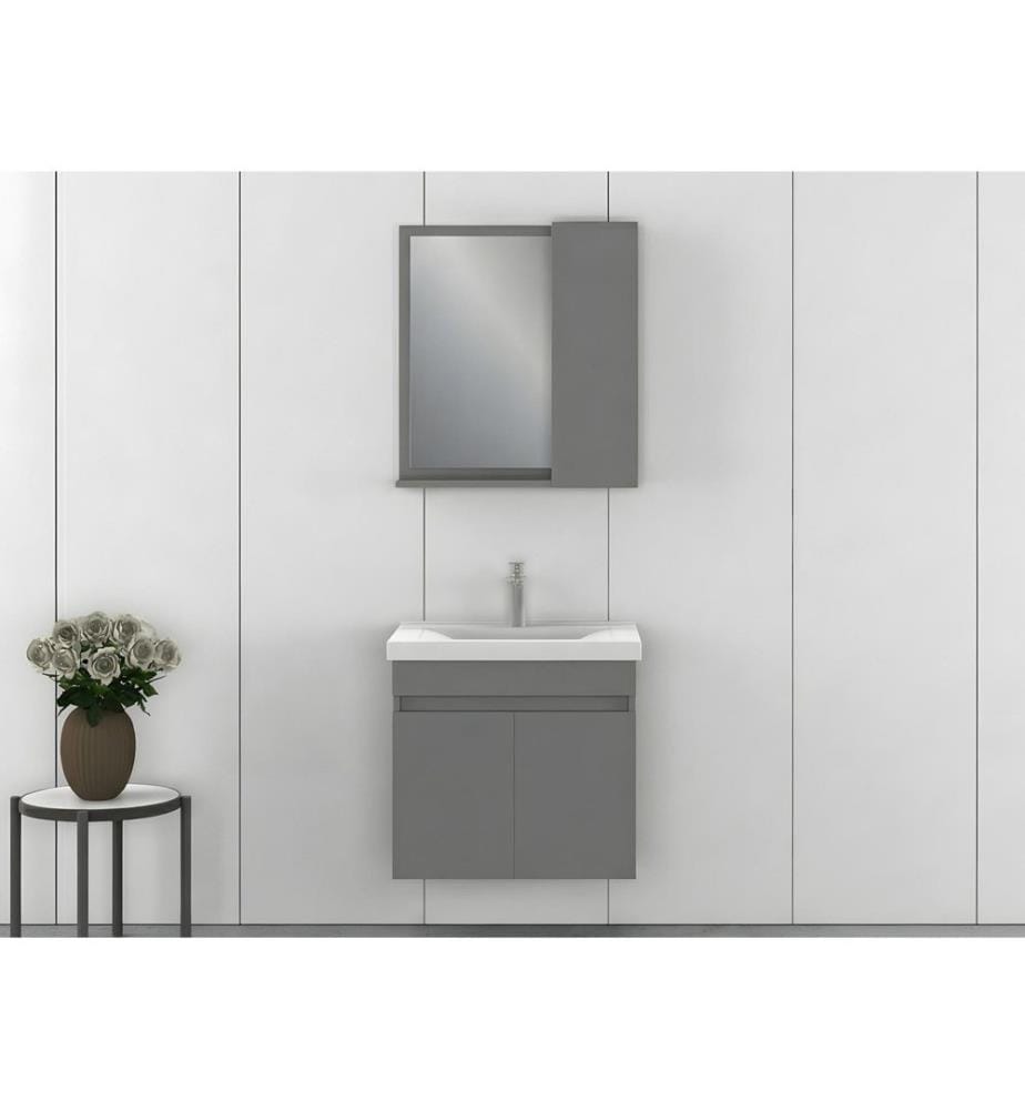Ensemble meuble de salle de bain avec lavabo et miroir 2 pièces gris mat panneau de particules 100 % recouvert de PVC