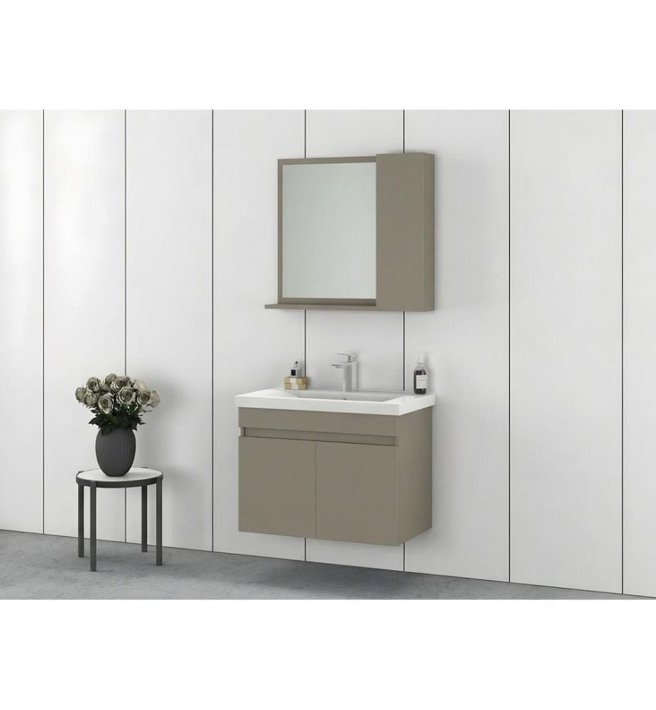 Ensemble meuble de salle de bain avec lavabo et miroir 2 pièces couleur latte panneau de particules 100 % recouvert de PVC