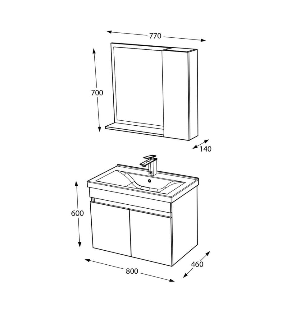 Ensemble meuble de salle de bain avec lavabo et miroir 2 pièces couleur latte panneau de particules 100 % recouvert de PVC