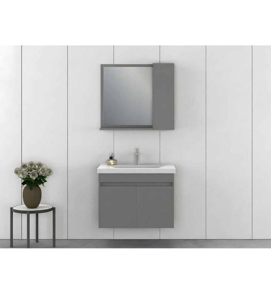 Badezimmerschrank mit Waschbecken und Spiegel 2-teilig mattgrau 100 % PVC-beschichtete Spanplatte