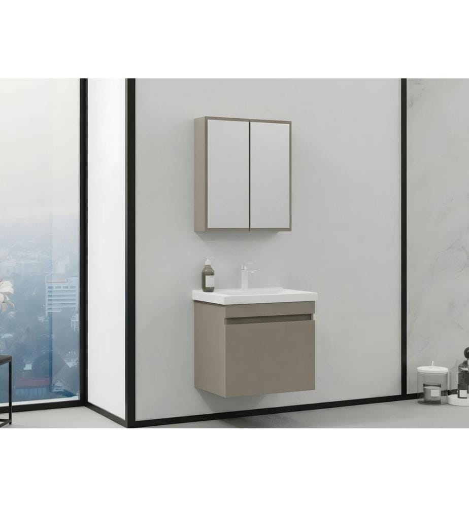 Badezimmerschrank mit Waschbecken und Spiegel 2-teilig Latte 100 % PVC-beschichtete Spanplatte