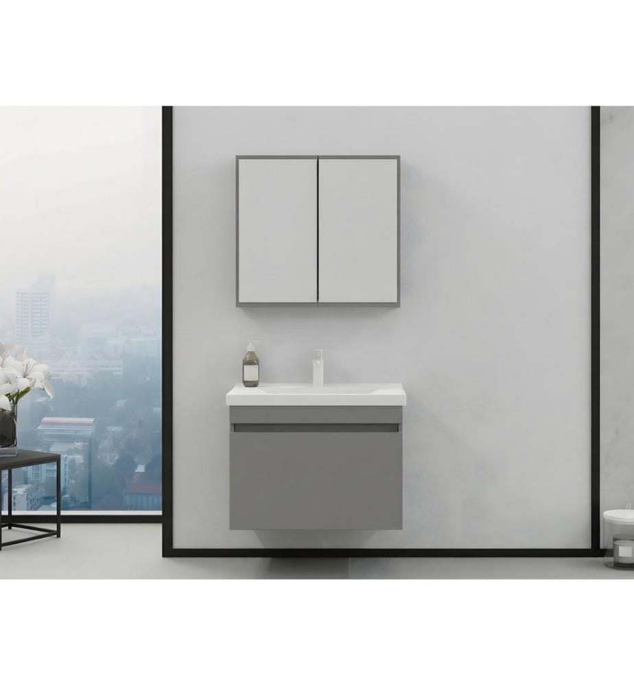 Ensemble meuble de salle de bain avec lavabo et miroir 2 pièces gris mat panneau de particules 100 % recouvert de PVC