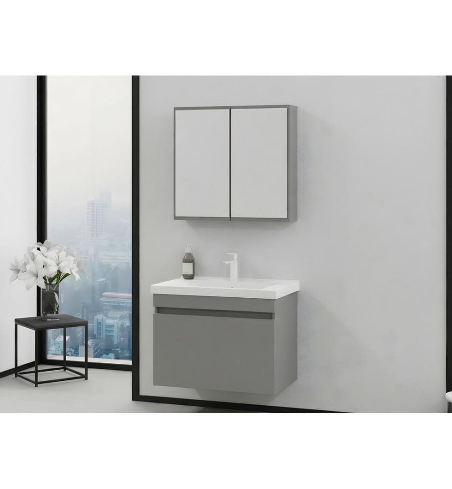 Ensemble meuble de salle de bain avec lavabo et miroir 2 pièces gris mat panneau de particules 100 % recouvert de PVC