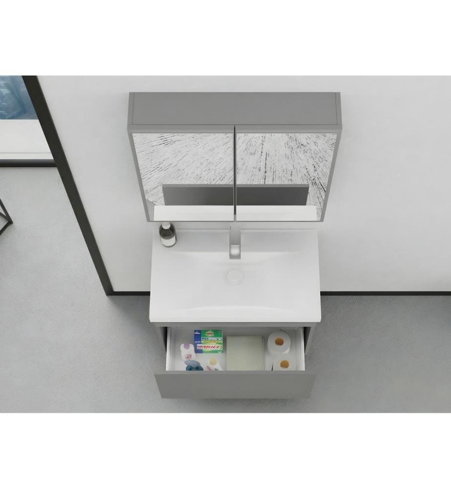 Ensemble meuble de salle de bain avec lavabo et miroir 2 pièces gris mat panneau de particules 100 % recouvert de PVC